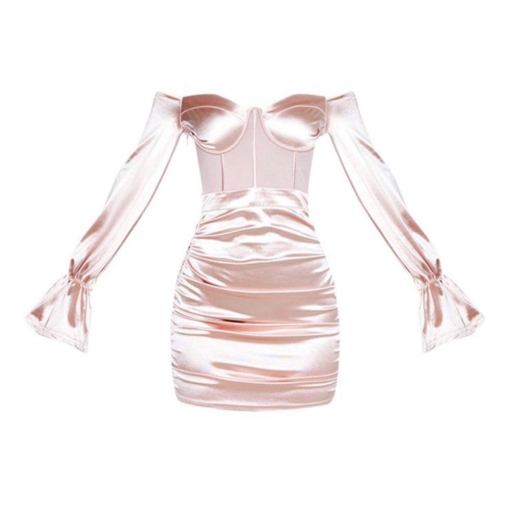 BARDOT SATIN MESH INSERT RUNCHED BODYCON DRESS